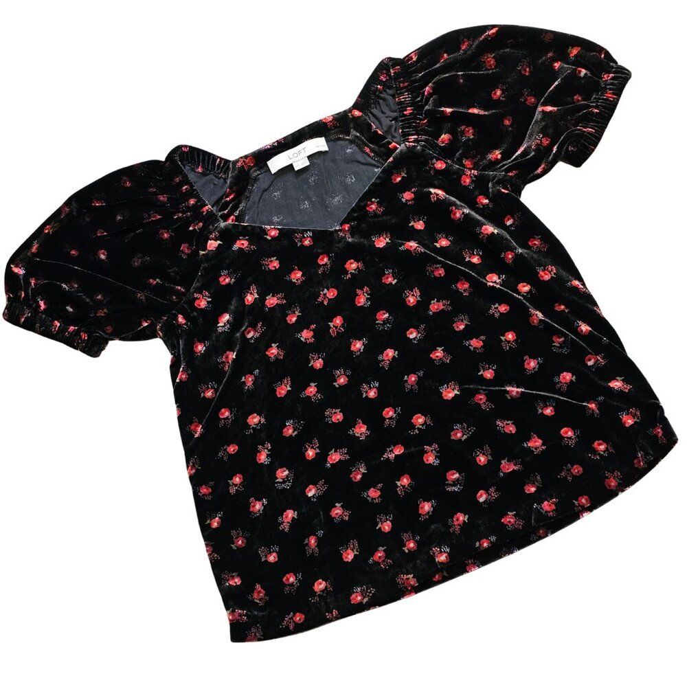 LOFT Whimsygoth Blouse Short Sleeve Black Velvet Rose Print Peasant XXSP